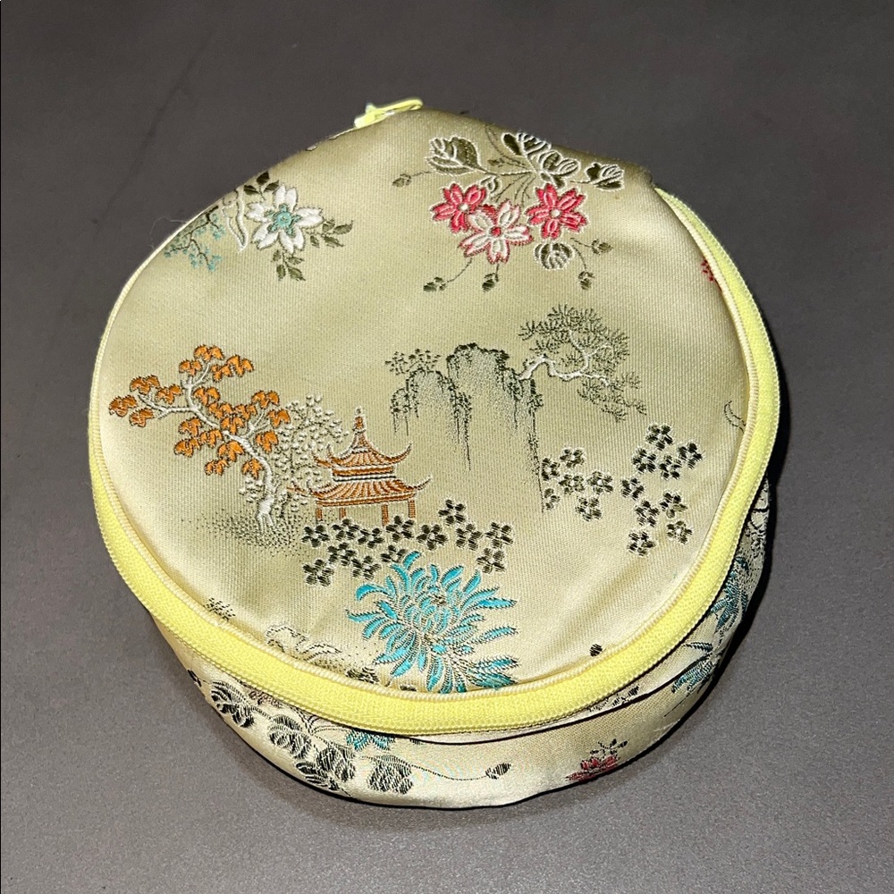 Floral Embroidered Round Jewelry or Makeup Bag